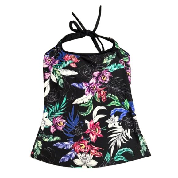 Hapari Halter Neck Tankini Top Black Multicolor Floral Tropical Size Medium - Picture 1 of 4